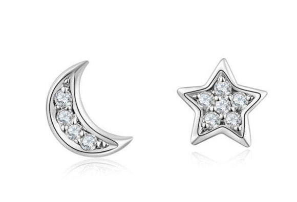 Sterling Silver Glitzy Moon and Star Earrings