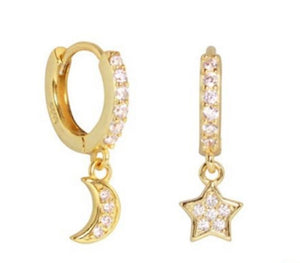 18k Gold Plated Sterling Silver gem encrusted Huggies with Star and Moon charms attached